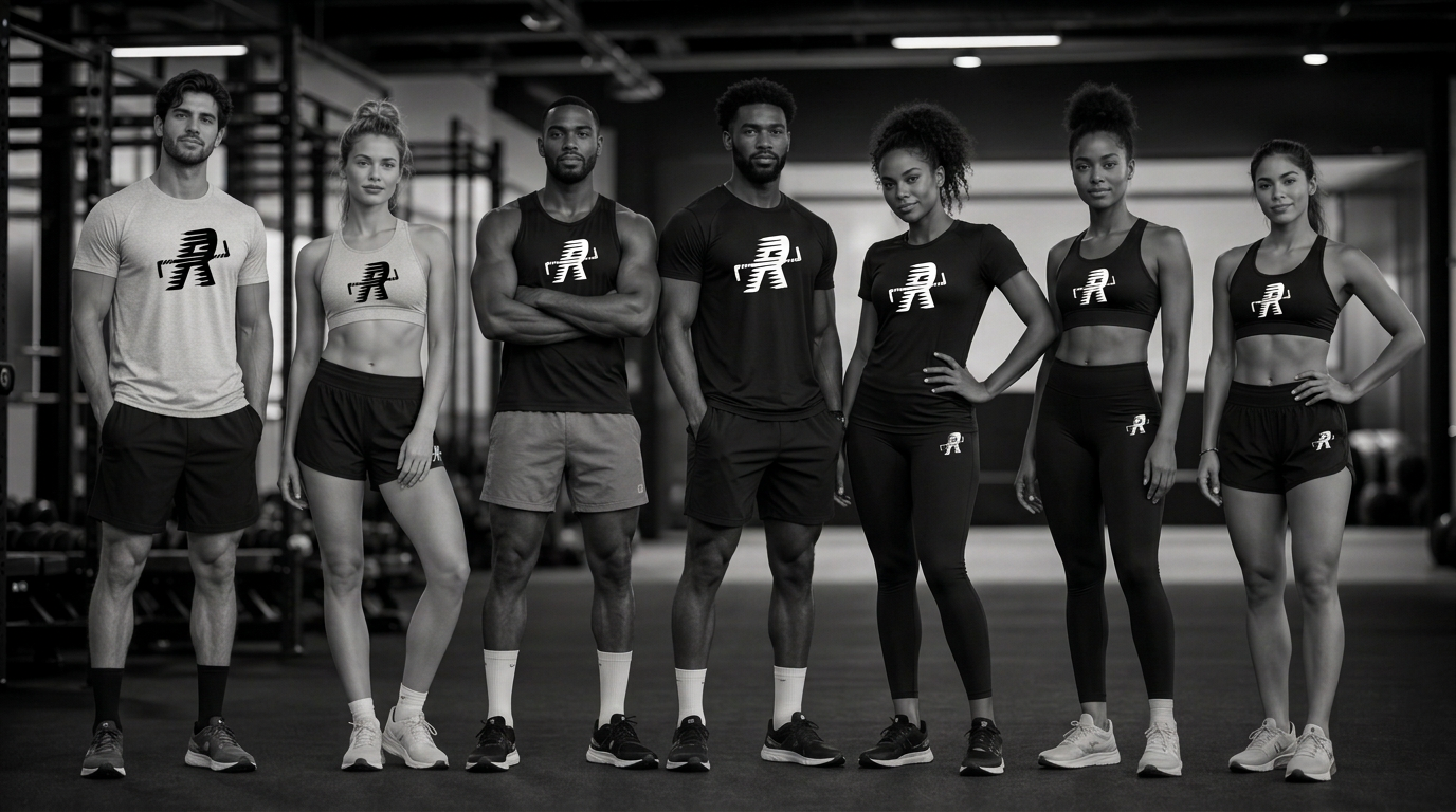 Diverse group of athletes training in a gym wearing Runners monochrome apparel